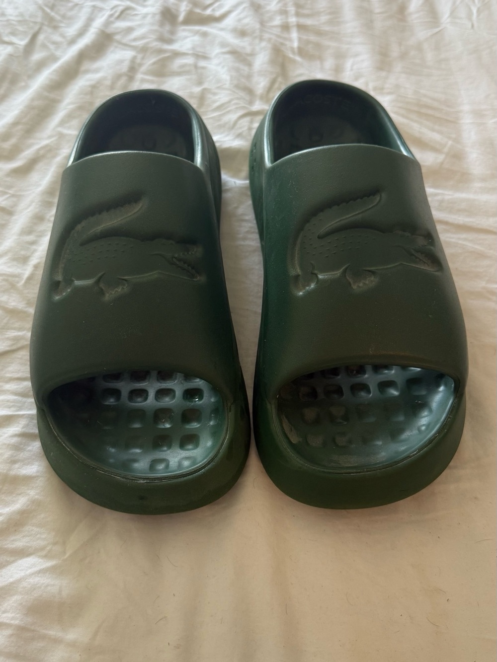 Lacoste Dark Green Slide Sandals with Croc Emboss